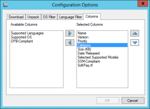 HP Softpack Configuration Options - Columns Filter